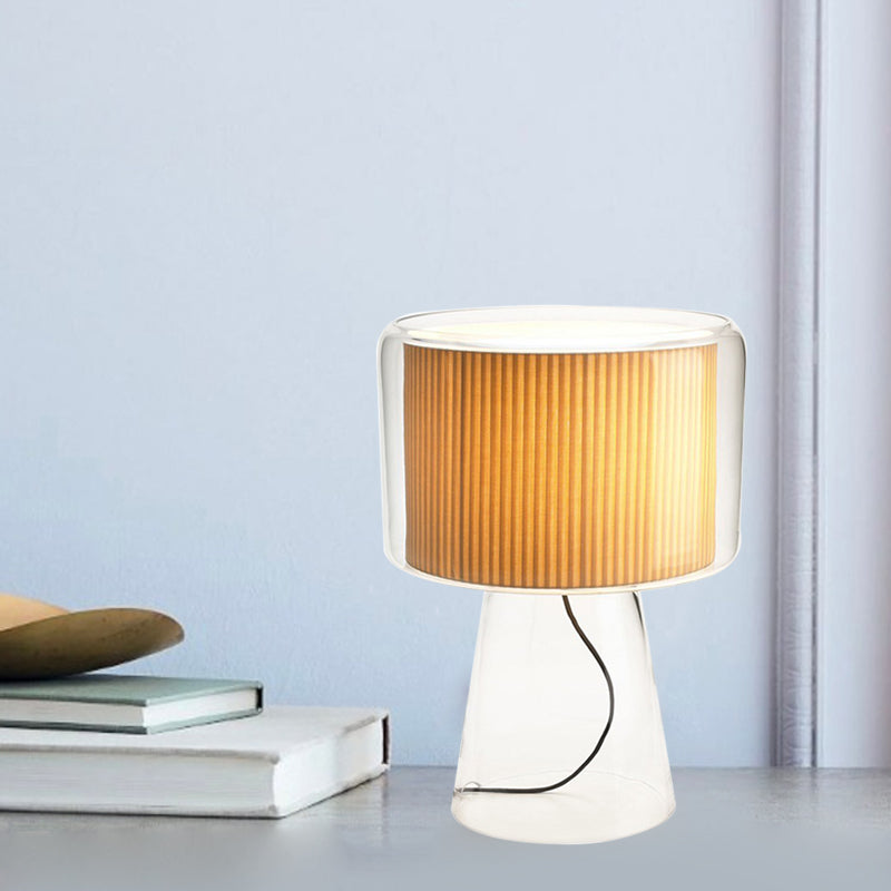 Clear Glass Fungus Plug-In Night Lamp Modernist Single White/Beige Table Light with Gathered Fabric Shade Inside