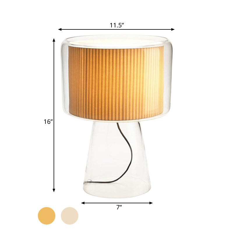 Clear Glass Fungus Plug-In Night Lamp Modernist Single White/Beige Table Light with Gathered Fabric Shade Inside