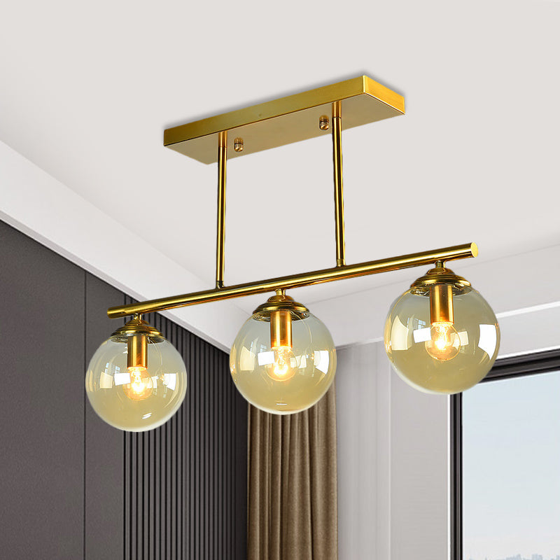 Sphere Clear/Amber Glass Pendant Lamp Vintage 3 Bulbs Gold Hanging Light Fixture over Island
