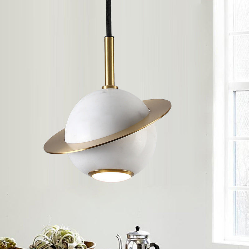 Mini Space Planet Kitchen Pendant Marble 1 Bulb Postmodern Ceiling Suspension Lamp in Green/White/Black-Brass