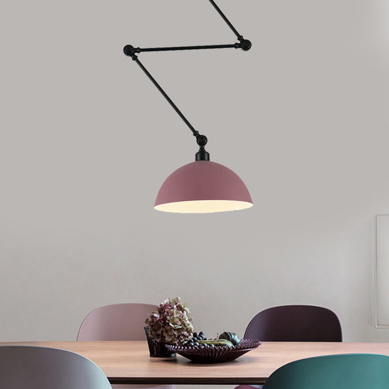 Swing Arm Suspension Pendant Light Macaron Iron Single Dining Table Hanging Lamp with Green/Red Bowl Shade