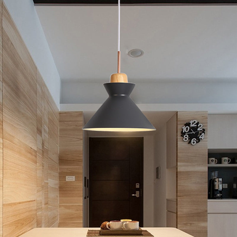 Funnel Dining Table Suspension Pendant Aluminum 1 Light Nordic Ceiling Lamp in Grey with Wood Cork