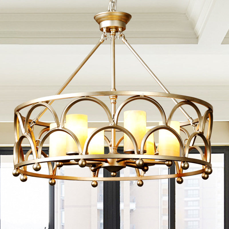 8 lichten marmeren hanger kroonluchter traditionele gouden cilindrische slaapkamer plafondlamp met ronde kooi