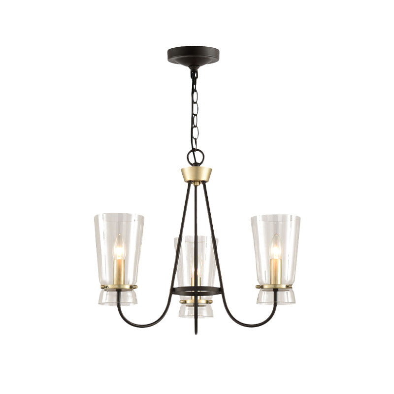 Heldere glazen kegel hangende kroonluchter vintage 3/6 lichten slaapkamer suspensielamp in zwart met gebogen arm