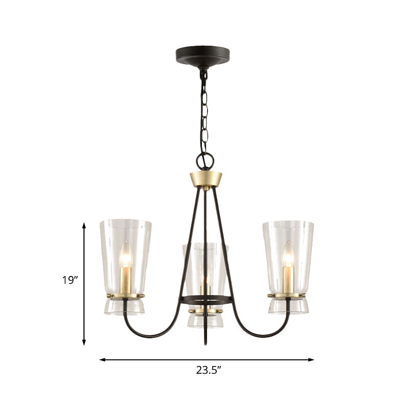 Heldere glazen kegel hangende kroonluchter vintage 3/6 lichten slaapkamer suspensielamp in zwart met gebogen arm