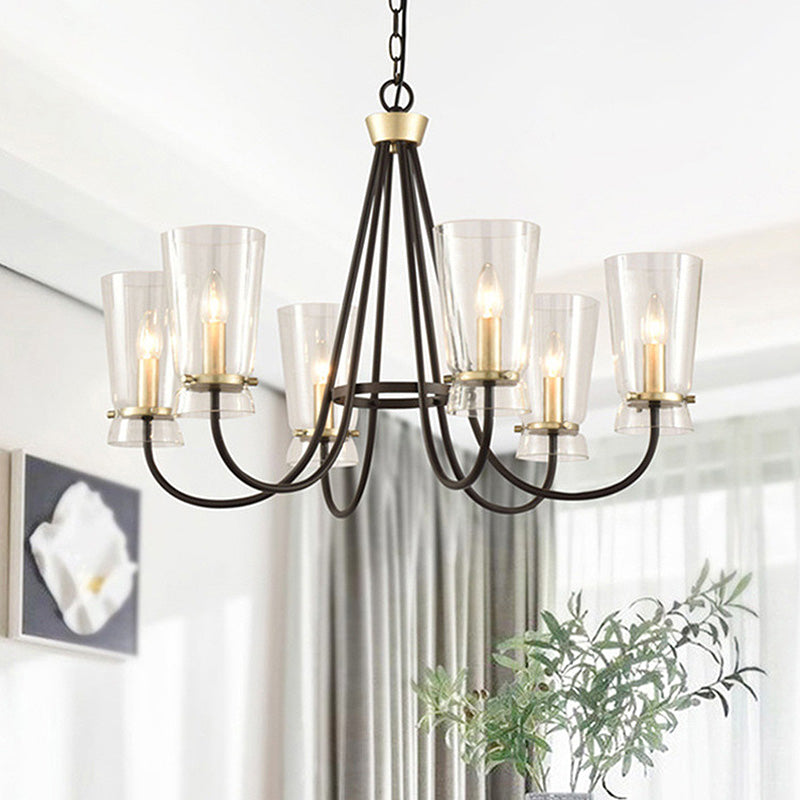 Heldere glazen kegel hangende kroonluchter vintage 3/6 lichten slaapkamer suspensielamp in zwart met gebogen arm