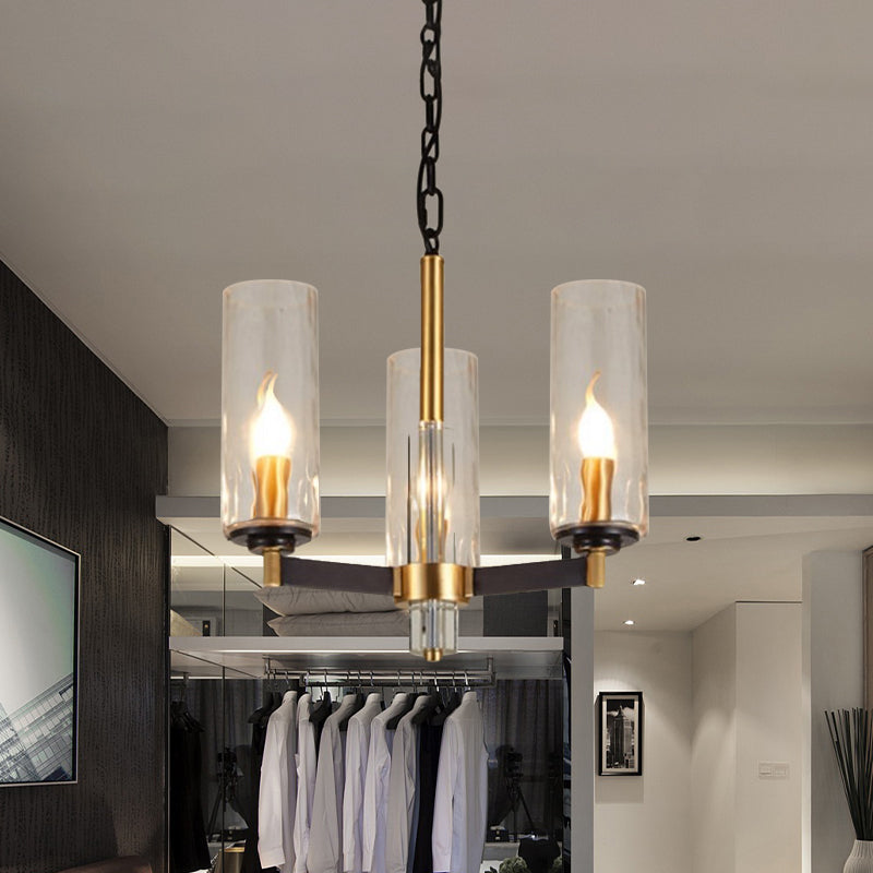 Vintage Cylinder Chandelier Lighting Fixture 3/5/6 Bulbs Clear Water Glass Pendant Lamp in Black and Gold