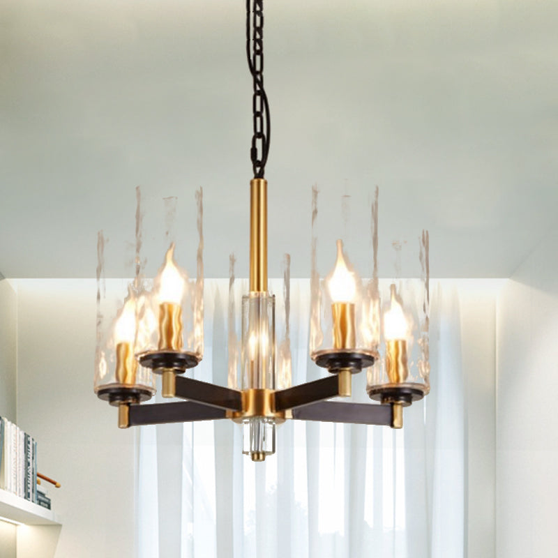 Vintage Cylinder Chandelier Lighting Fixture 3/5/6 Bulbs Clear Water Glass Pendant Lamp in Black and Gold