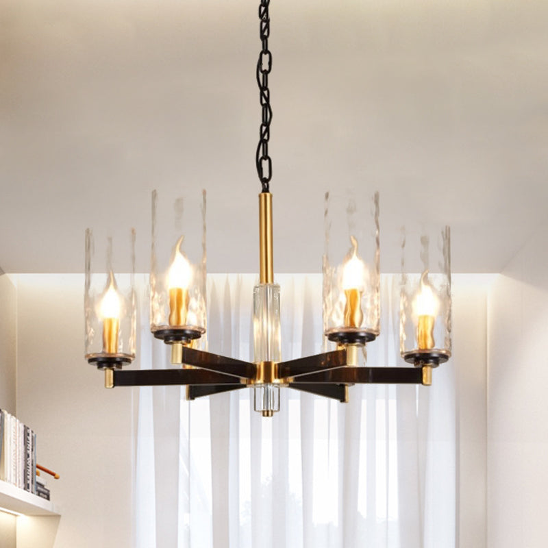 Vintage Cylinder Chandelier Lighting Fixture 3/5/6 Bulbs Clear Water Glass Pendant Lamp in Black and Gold