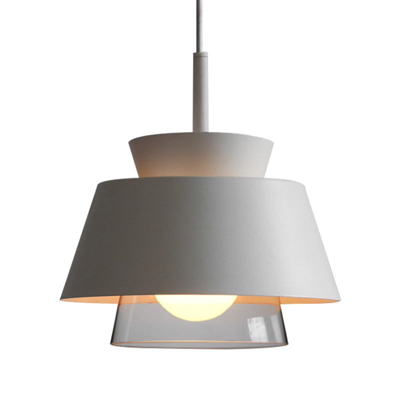 2 Tiers Shade Hanging Pendant Light Minimalist Iron Single Black/White Ceiling Lamp with Transparent Glass Shade Inside