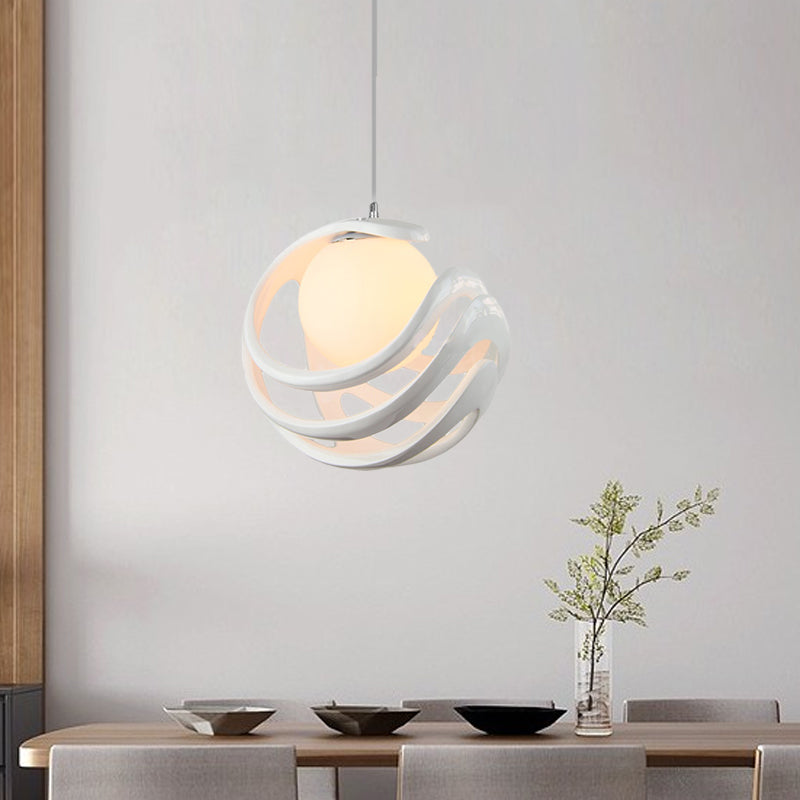 Resin Curled Cage Pendant Lighting Modern 1 Bulb White Ceiling Lamp with Orb Milk Glass Shade