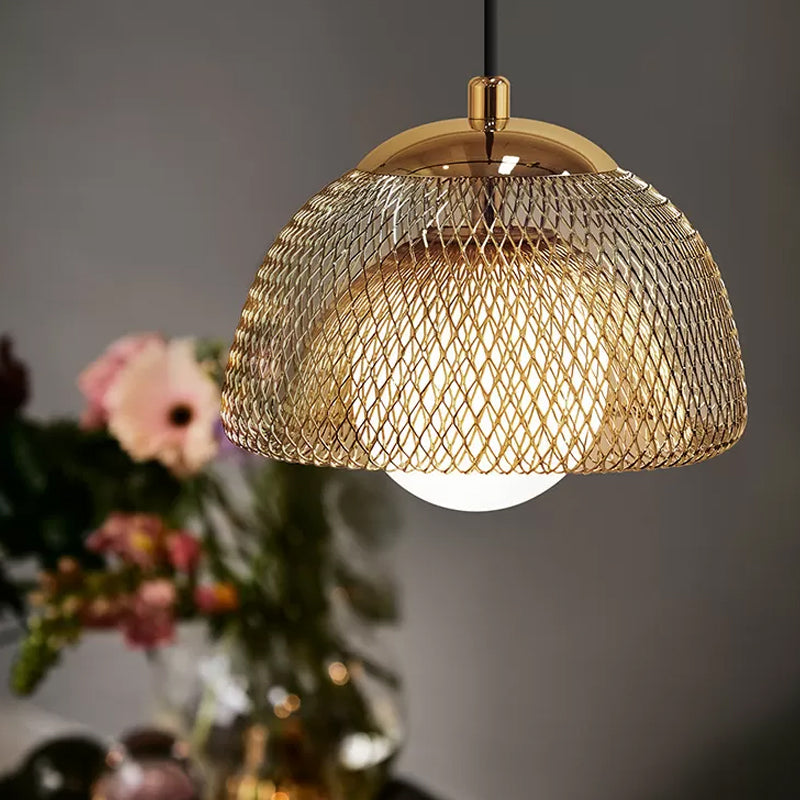 Opal Matte Glass Globe Pendant Light Vintage 12"/16" Wide 1 Light Hanging Lamp Kit with Dual Mesh Screen in Gold