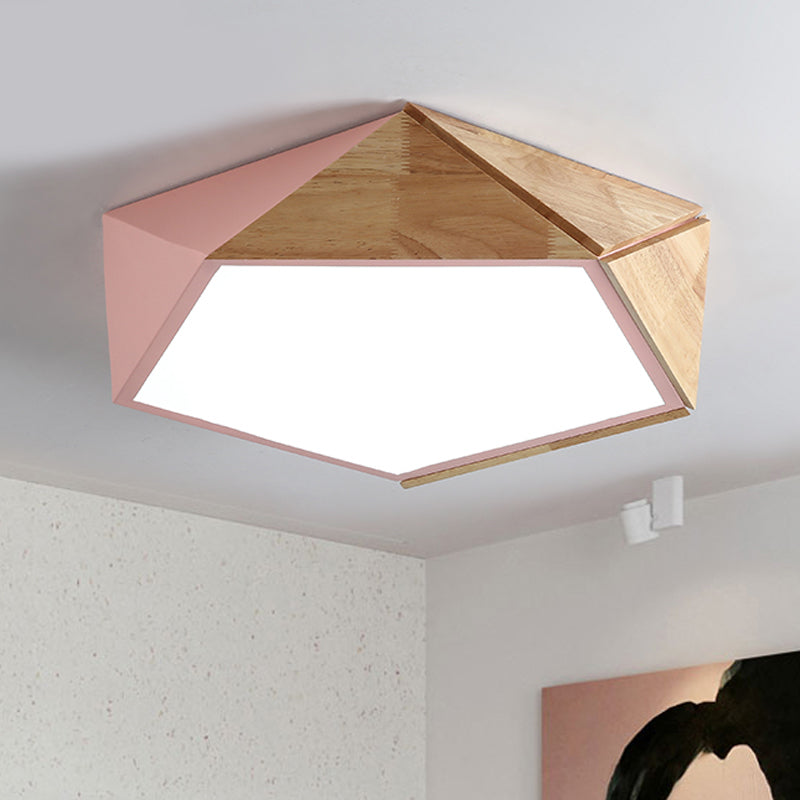 Wood Splicing 3D Pentangle Ceiling Flush Macaron Pink/Green LED Flush Mounted Lamp in Warm/White Light, 16.5/20.5 Inch Wide