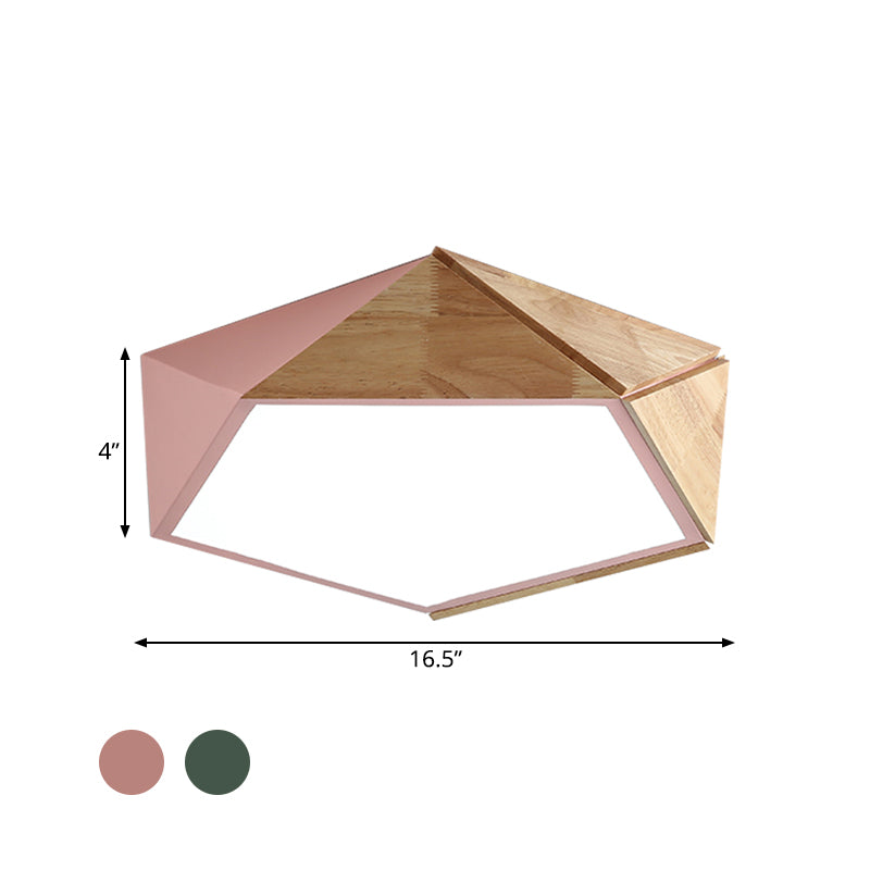 Wood Splicing 3D Pentangle Ceiling Flush Macaron Pink/Green LED Flush Mounted Lamp in Warm/White Light, 16.5/20.5 Inch Wide