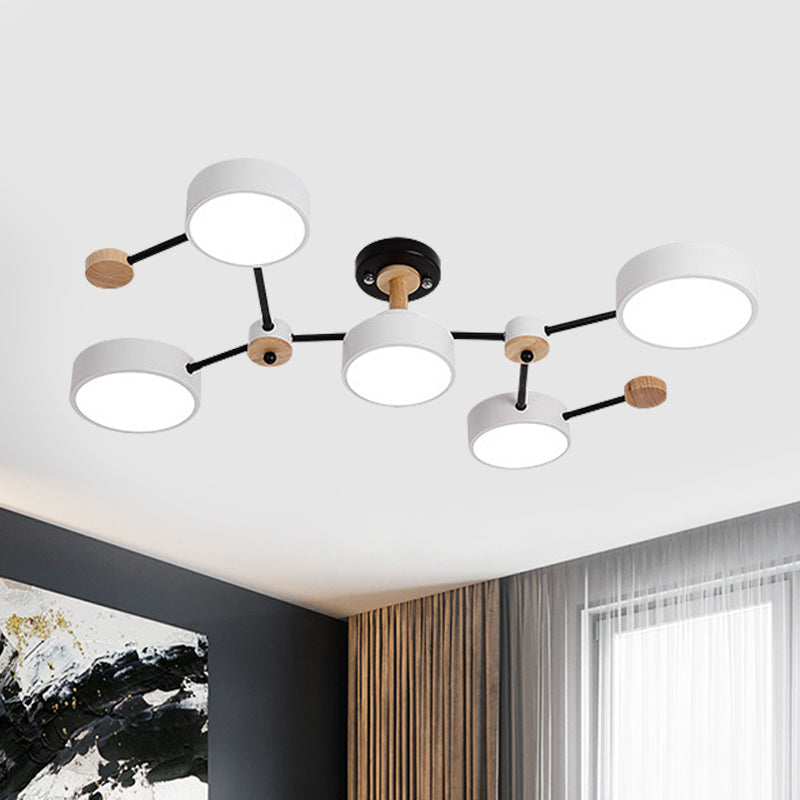 White/Grey Round Shade Ceiling Lamp Nordic 5 Bulbs Iron Semi Flush Mount Fixture with Vine Design