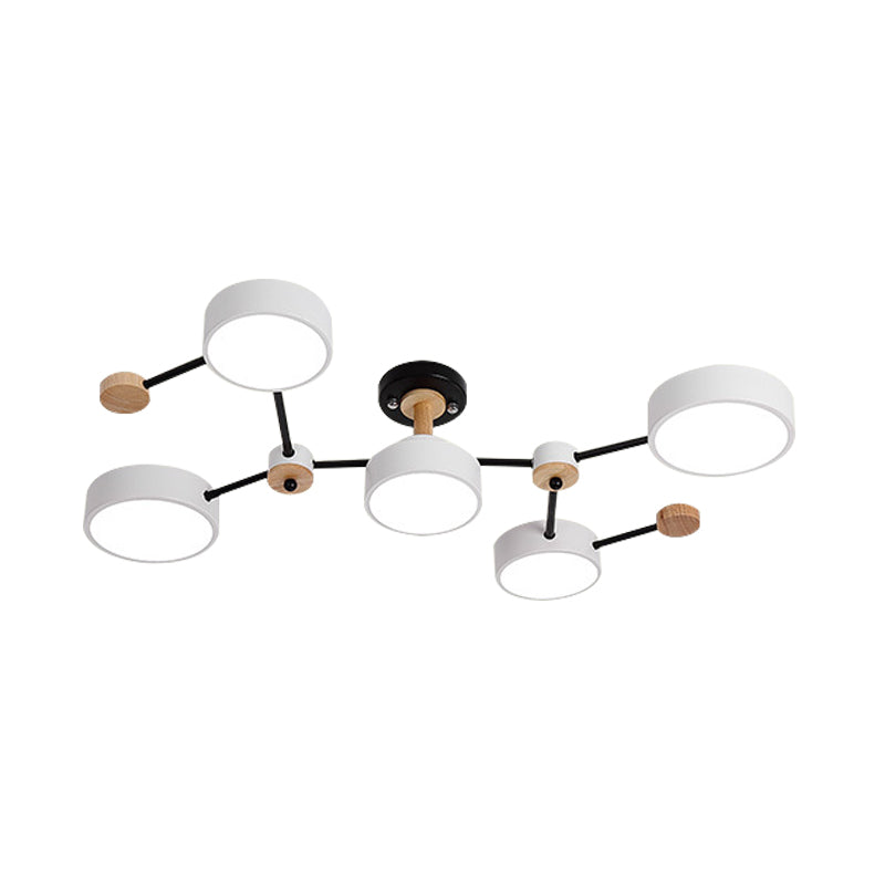 White/Grey Round Shade Ceiling Lamp Nordic 5 Bulbs Iron Semi Flush Mount Fixture with Vine Design