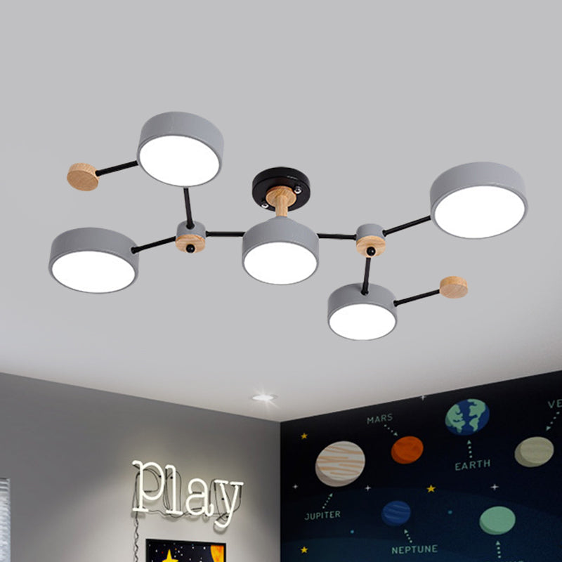 White/Grey Round Shade Ceiling Lamp Nordic 5 Bulbs Iron Semi Flush Mount Fixture with Vine Design