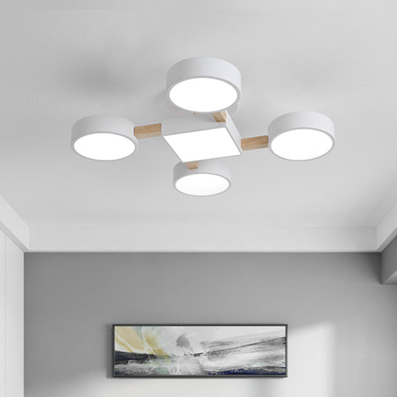 Nordic Zweiging Holz Deckenbeleuchtung LED Semi Flush Mount Licht in Weiß mit rundem quadratischem Schatten für Schlafzimmer