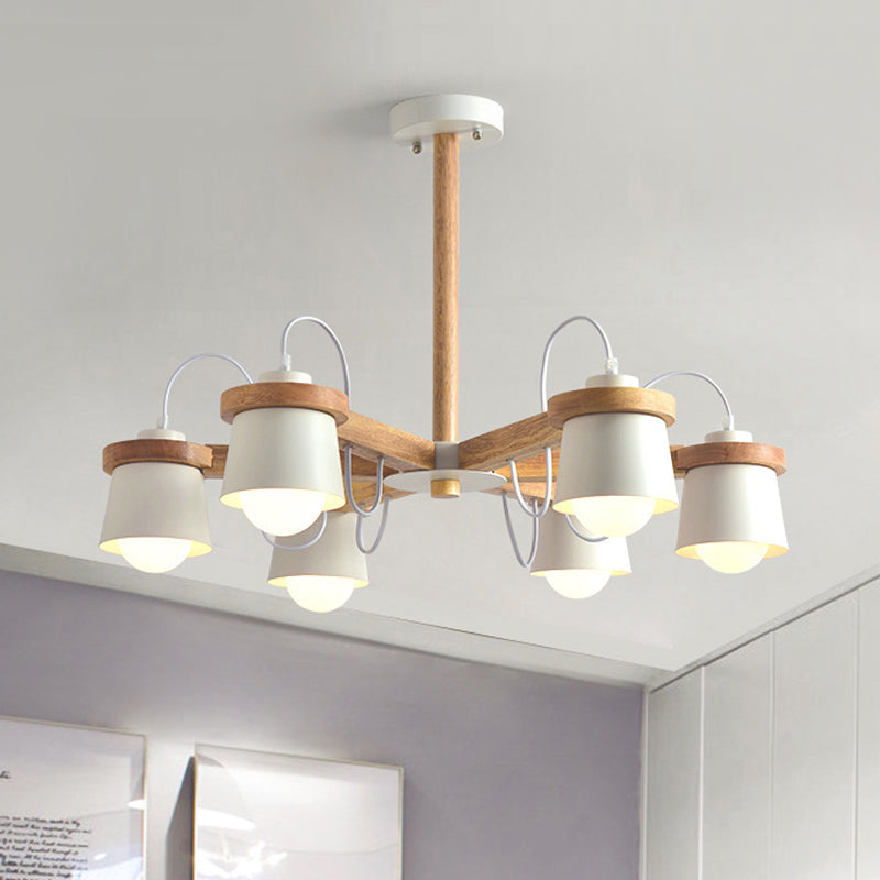 Estilo de rueda Semi Flush Nordic 6 Bulbos Araña de montaje de techo blanco con pantalla de lámpara de barril
