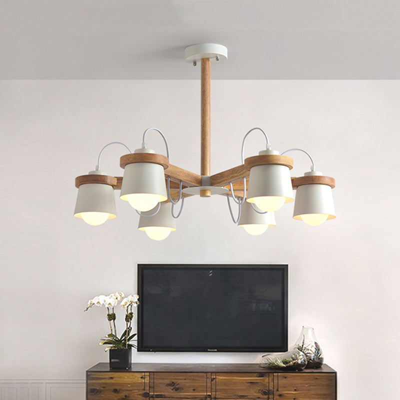 Estilo de rueda Semi Flush Nordic 6 Bulbos Araña de montaje de techo blanco con pantalla de lámpara de barril