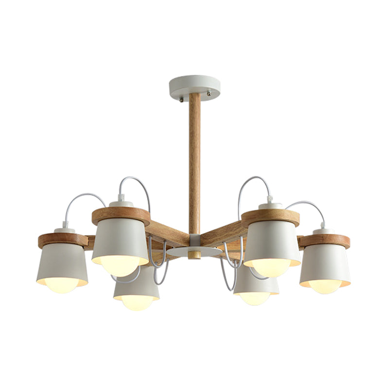 Estilo de rueda Semi Flush Nordic 6 Bulbos Araña de montaje de techo blanco con pantalla de lámpara de barril
