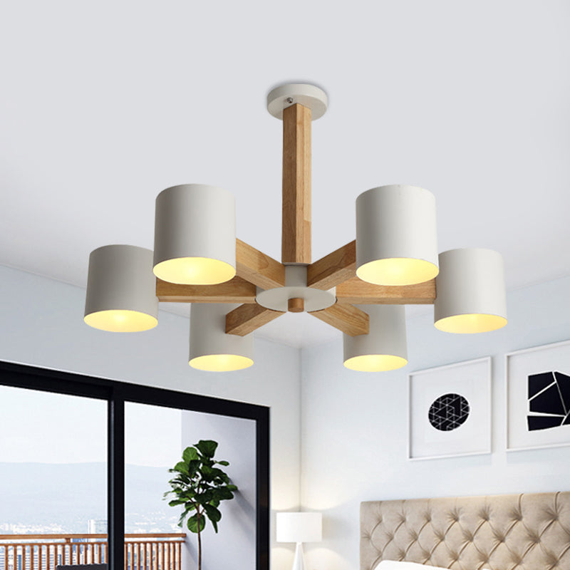 Cylindrical Lounge Ceiling Lamp Metal 6 Heads Nordic Semi Flush Mount Chandelier in White with Wood Burst Designed Stem