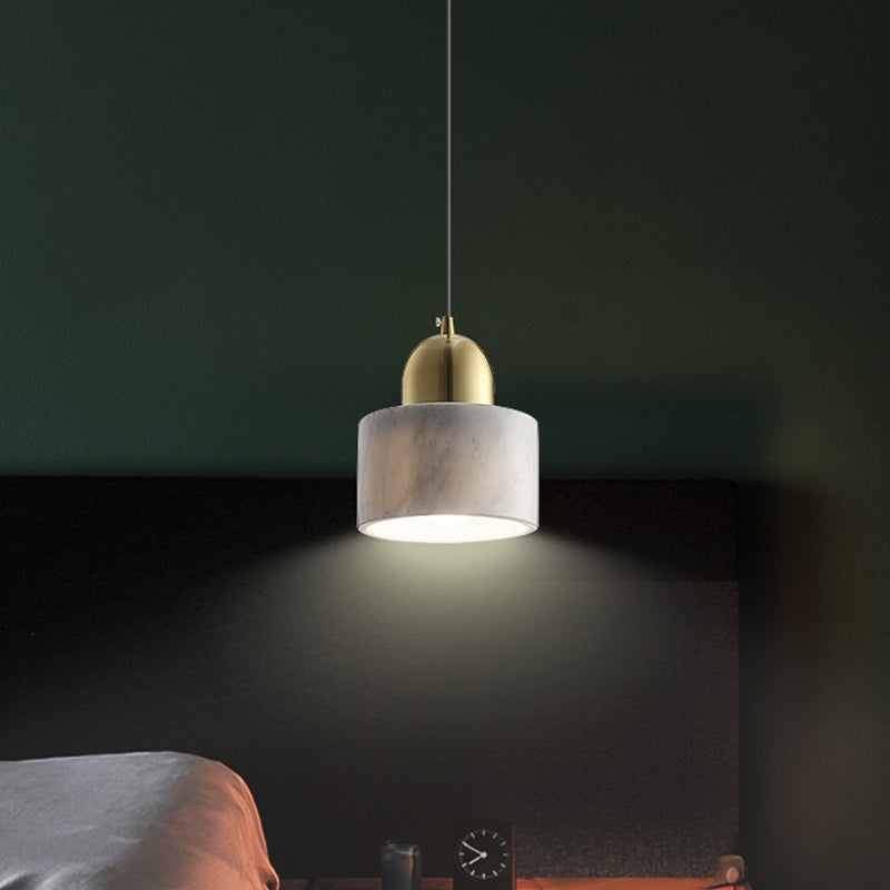 1-Light Bedside Hanging Lamp Minimalist White Pendant Light with Drum Marble Shade and Gold Dome Top