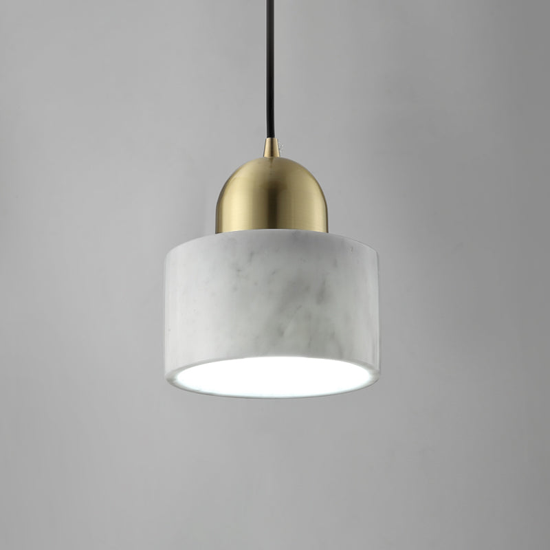 1-Light Bedside Hanging Lamp Minimalist White Pendant Light with Drum Marble Shade and Gold Dome Top
