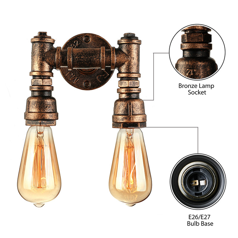 Éclairage d'applications murales industriel Bare Breate avec tuyau d'eau 2 lumières lampe murale métallique en laiton noir / antique
