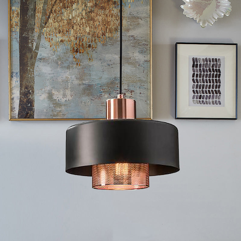 METALE DUPPO COSSE PENDULUM PENDULUM LIGHTURA MID CENTURO 1 Bulbo Black e Rose Gold sospeso con schermo di rete all'interno