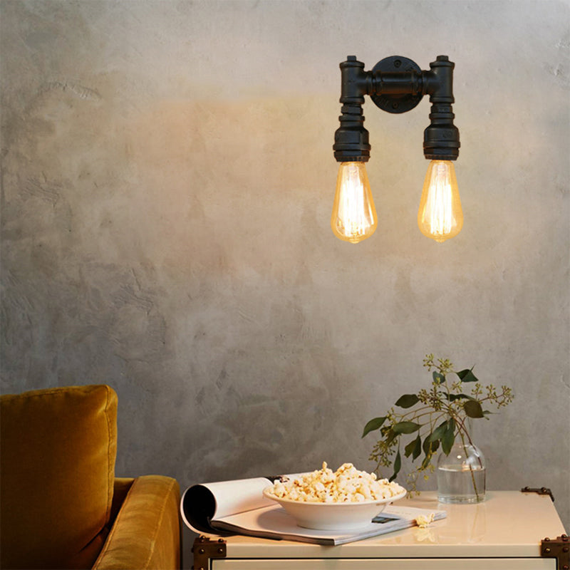 Industrial Bare Bulb Wall Sconce Lighting with Water Pipe 2 Lights Metallic Wall Mounted Lamp in Black/Antique Brass