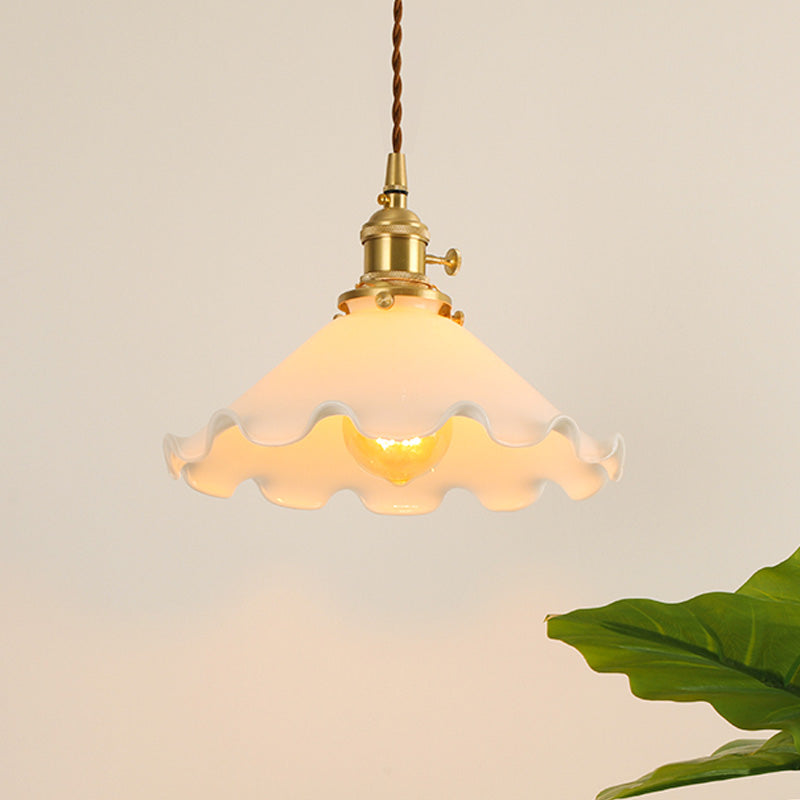 Conical Frosted White Glass Drop Pendant Pastoral 1-Light Bedroom Ceiling Lamp with Ruffle Edge