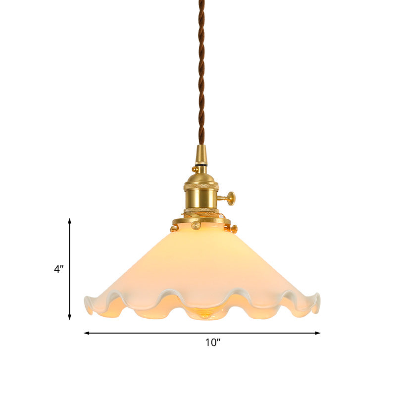 Conical Frosted White Glass Drop Pendant Pastoral 1-Light Bedroom Ceiling Lamp with Ruffle Edge