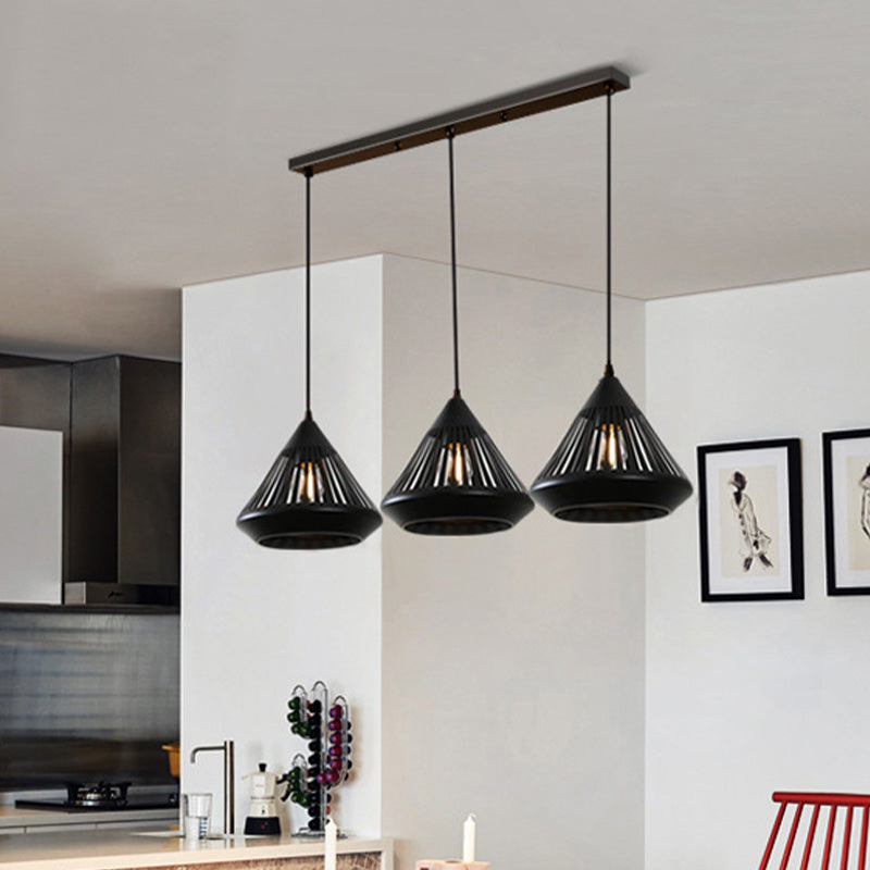 3-Kopf-Multi-Hanging Light Retro ausgehöhltes Diamant-Eisendecke-Anhänger Licht mit runden/linearen Baldachin in Schwarz