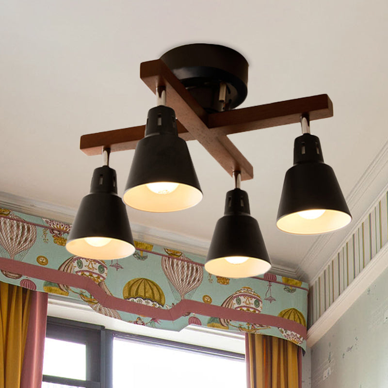 Lodge Tapered Rotatable Deckenbehandlung 4-Licht-Eisen-Halbblütenhalterung in Schwarz/Weiß mit Querholzarm