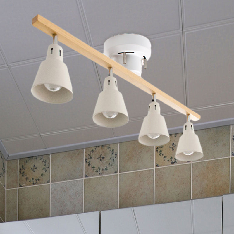 4 Bulbs Rotating Horn Flush Ceiling Light Nordic White/Black Iron Semi Mount Lighting with Wood Beam Arm