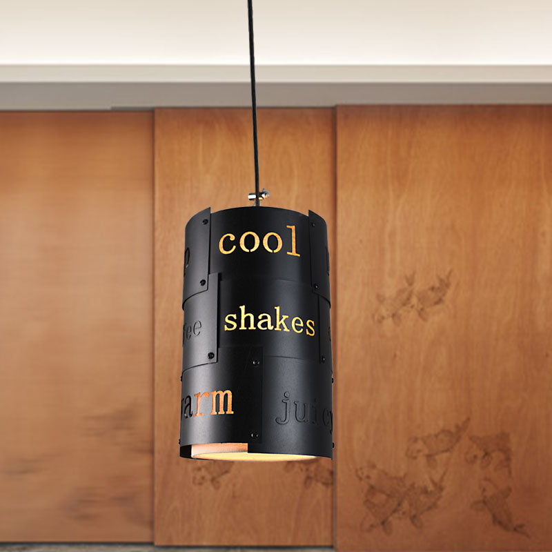 Mini Spliced Column Beer Bar Hanging Lamp Artistry Metallic Single Black Ceiling Pendant with Script