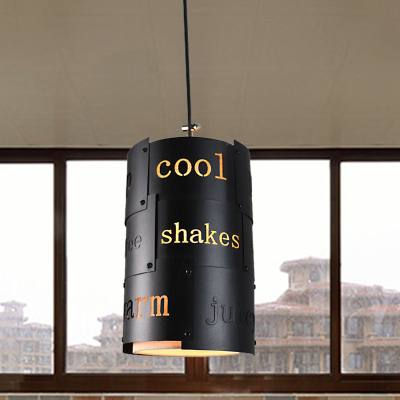 Mini Spliced Column Beer Bar Hanging Lamp Artistry Metallic Single Black Ceiling Pendant with Script