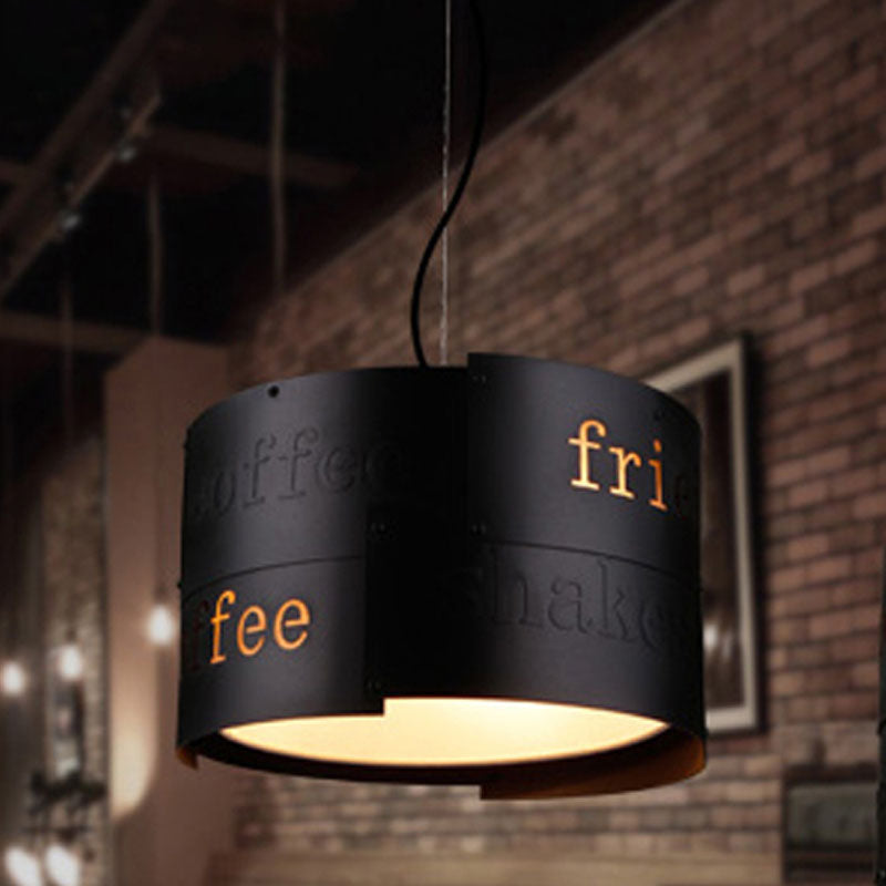 3-Light Chandelier Warehouse Script Printing Drum Iron Drop Lamp in Black with Splice Design and Inner Fabric Shade