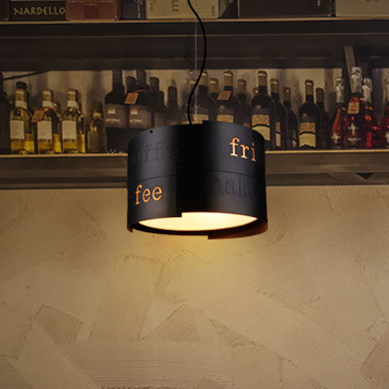 3-Light Chandelier Warehouse Script Printing Drum Iron Drop Lamp in Black with Splice Design and Inner Fabric Shade