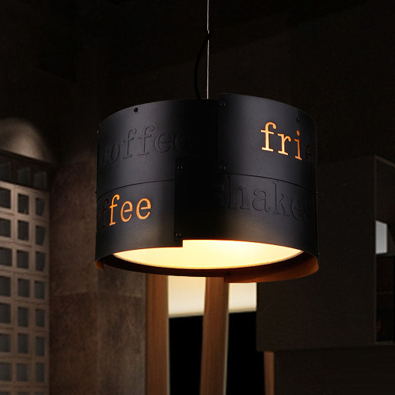 3-Light Chandelier Warehouse Script Printing Drum Iron Drop Lamp in Black with Splice Design and Inner Fabric Shade