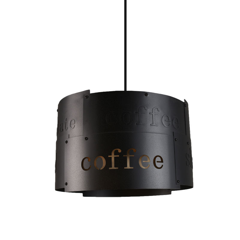 3-Light Chandelier Warehouse Script Printing Drum Iron Drop Lamp in Black with Splice Design and Inner Fabric Shade