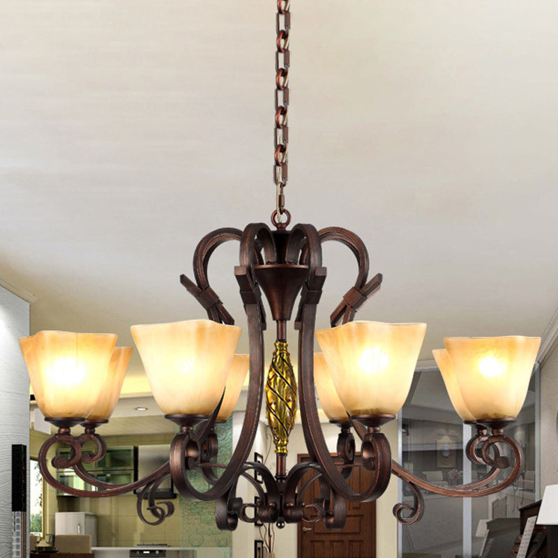 Piramide woonkamer kroonluchter verlichting antiek beige glas 6/8 koppen bruine ophanging licht