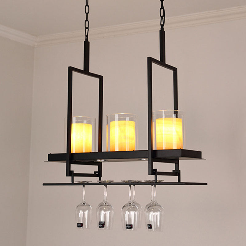 3/5 Heads Cylinder Island Light Traditional Black Marble Pendant Lighting Fixture with Metal Wine Glass Rack