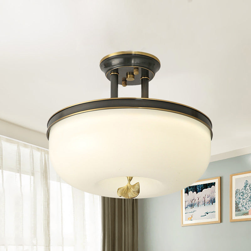 Traditionalism Bowl Semi Flush Mount Frosted Glass LED Close to Ceiling Lighting Fixture in Black/Gold, 12"/16" Width