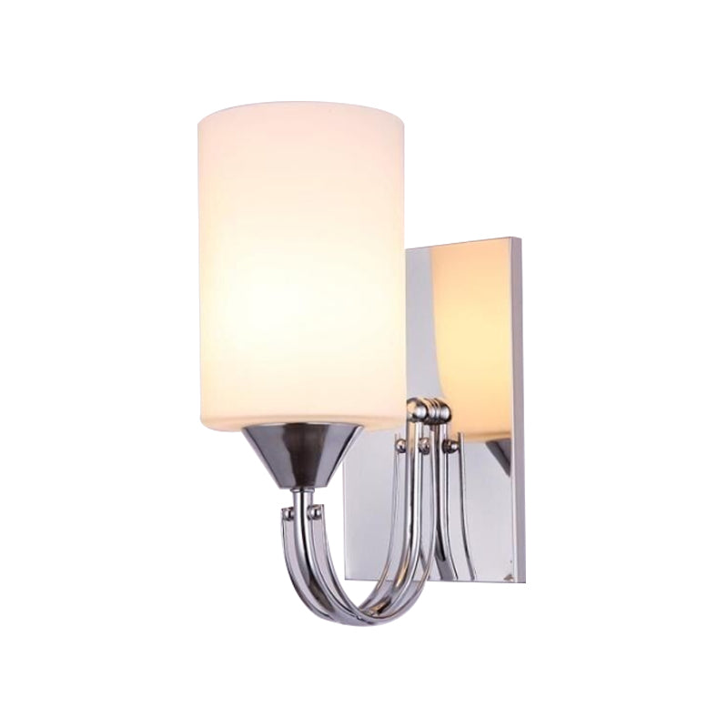 Silver Cylindrical Sconce Lighting Modernist 1 Light White Glass Wall Mounted Lamp with Curved Arm
