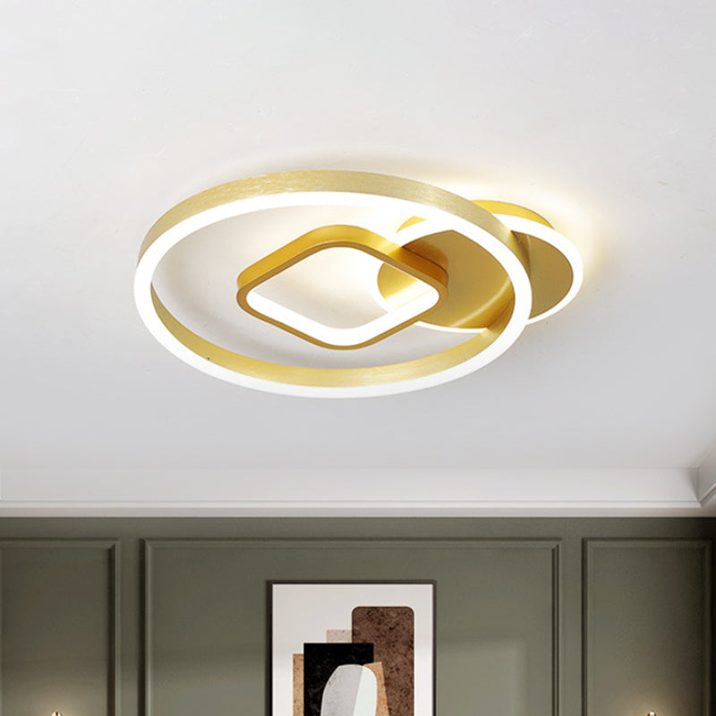 18"/22" Wide Minimal LED Flush Mount Lamp Metal Golden Circle and Square Inner Ceiling Light Fixture in Warm/White Light