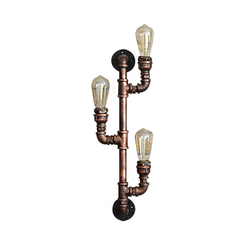 Warehouse Water Pipe Wall Sconce Lamp with Exposed Bulb 2/3 Lights Iron Wall Light Fixture in Weathered Copper