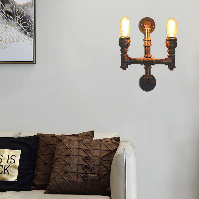 Warehouse Water Pipe Wall Sconce Lamp with Exposed Bulb 2/3 Lights Iron Wall Light Fixture in Weathered Copper