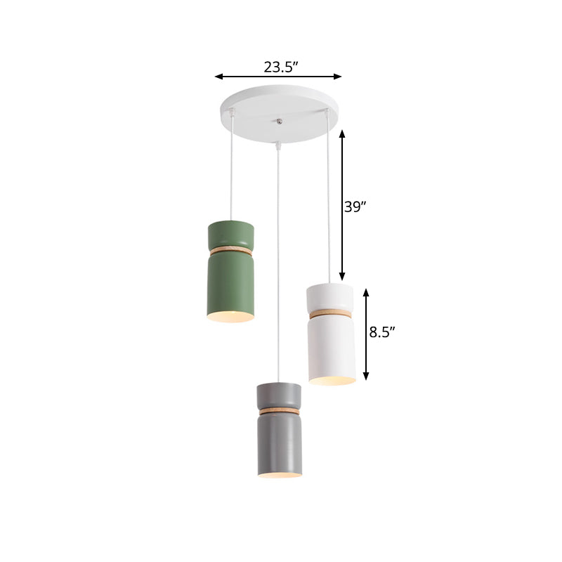 Macaron 3 Light Cluster Ciondolo a sospensione Metallic White-Grey-Green Tubo appeso alla fascia di legno